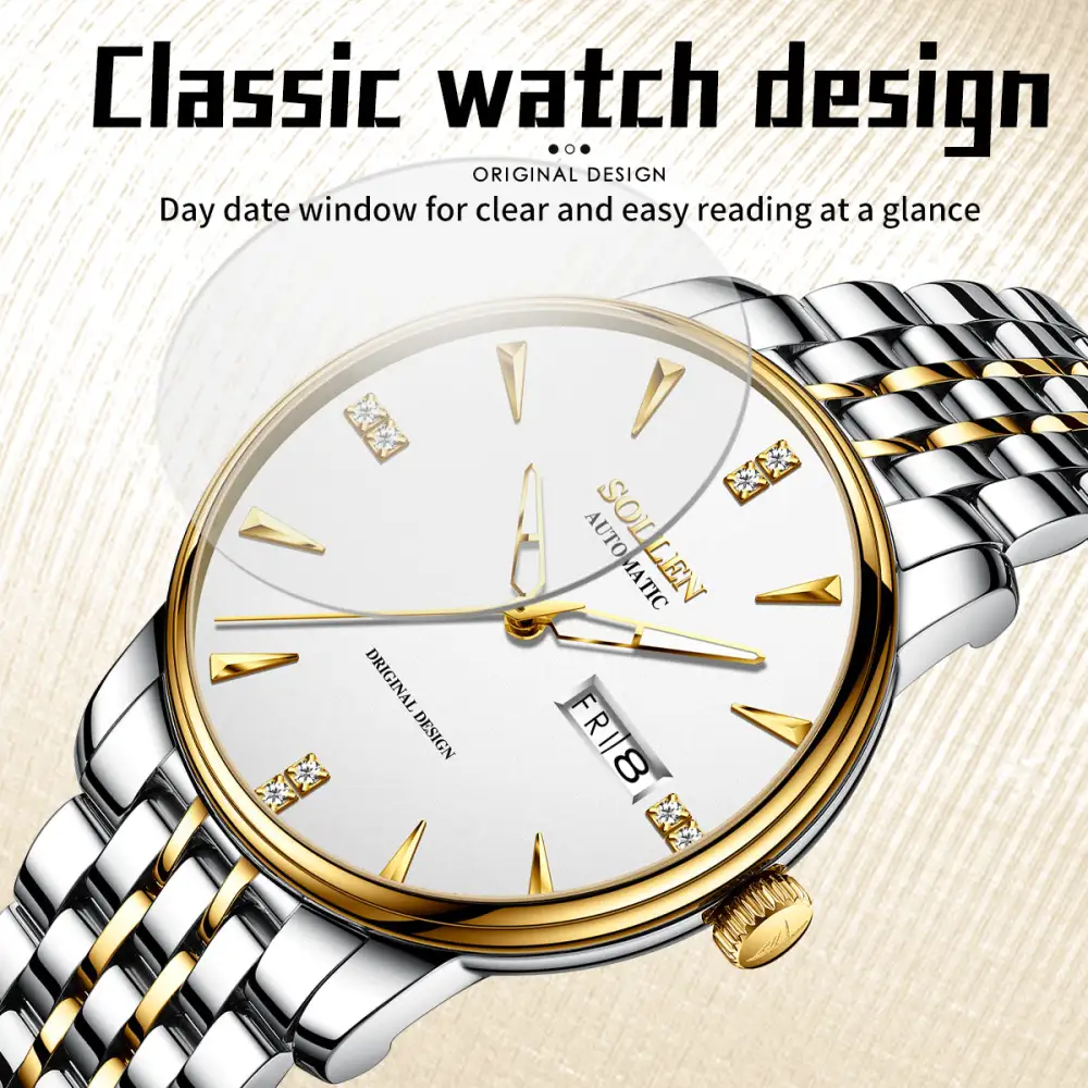 Sollen 9052 Automatic Watch - Men's Dress 8 Crystal Accent 8 Faceted Marker 7-Bead Stainless Steel Bracelet Wristwatch