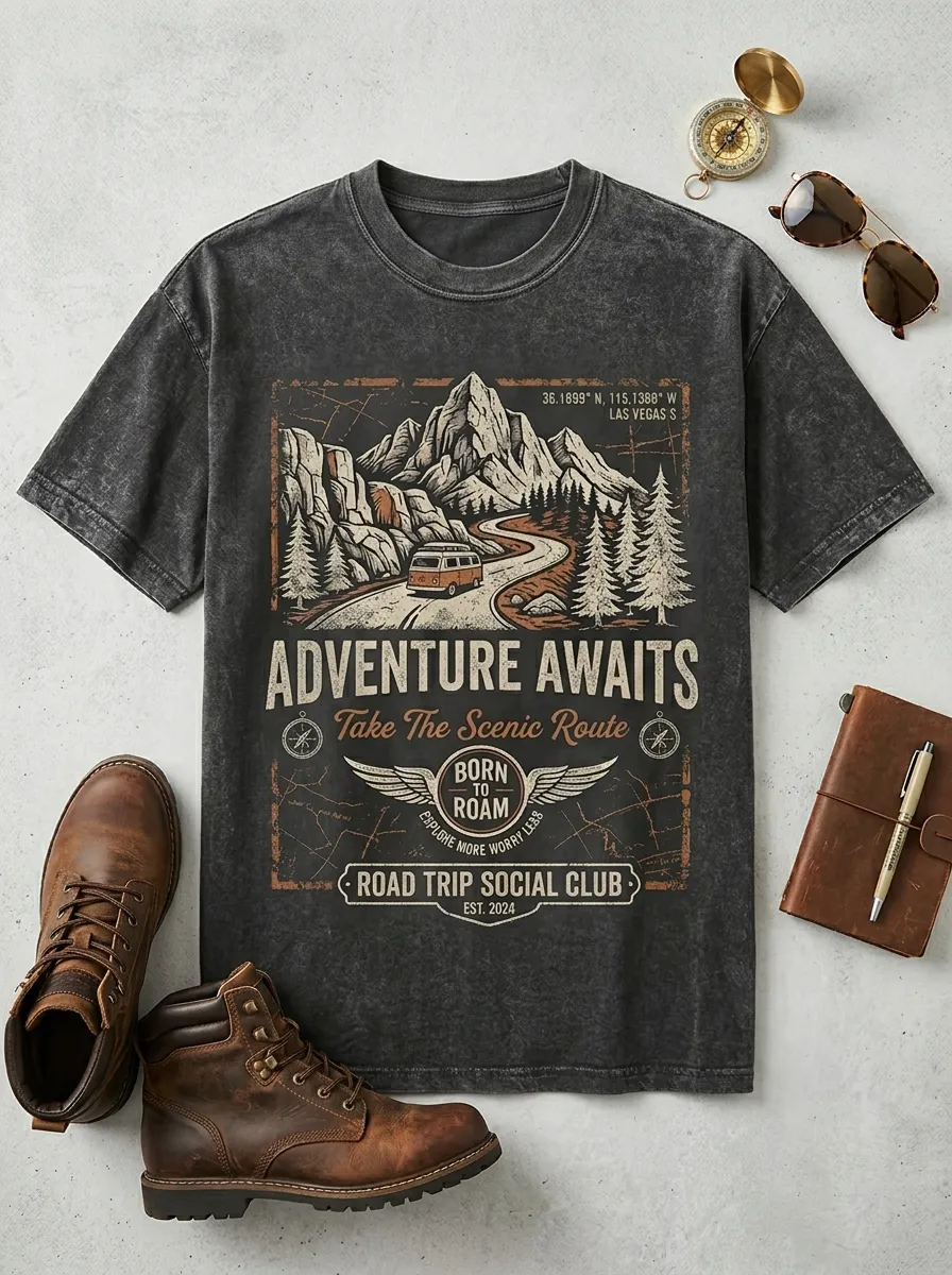 Unisex Adventure Lover Mountain Van Road Trip Printed T-shirt
