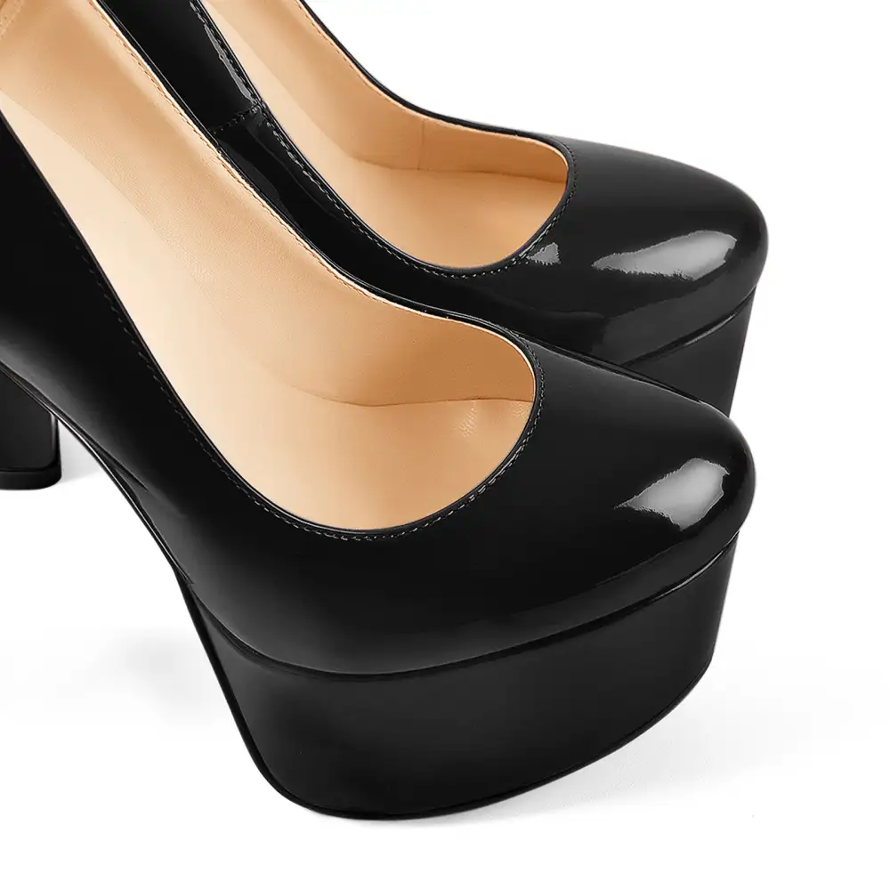 Patent Finish Round Toe Platform Chunky Heel Chain Accent Pumps