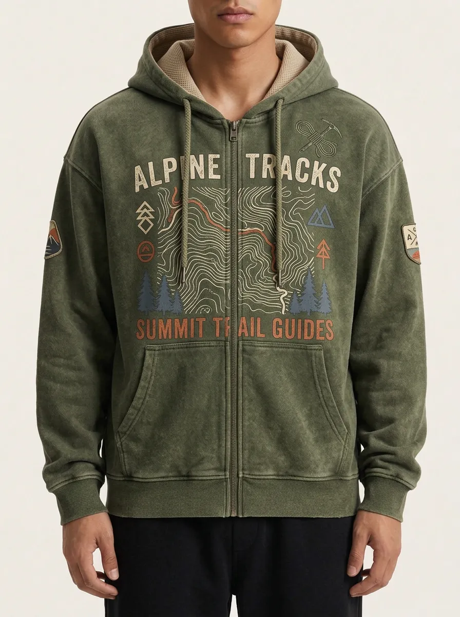 Men's Hiking Alpine Tracks Topographic Map Printed Zip Hoodie