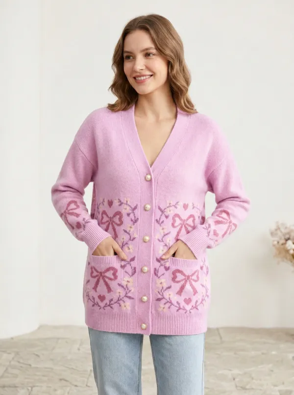 Women's Garden Inspired Floral Heart Ribbon Bow Printed Cardigan