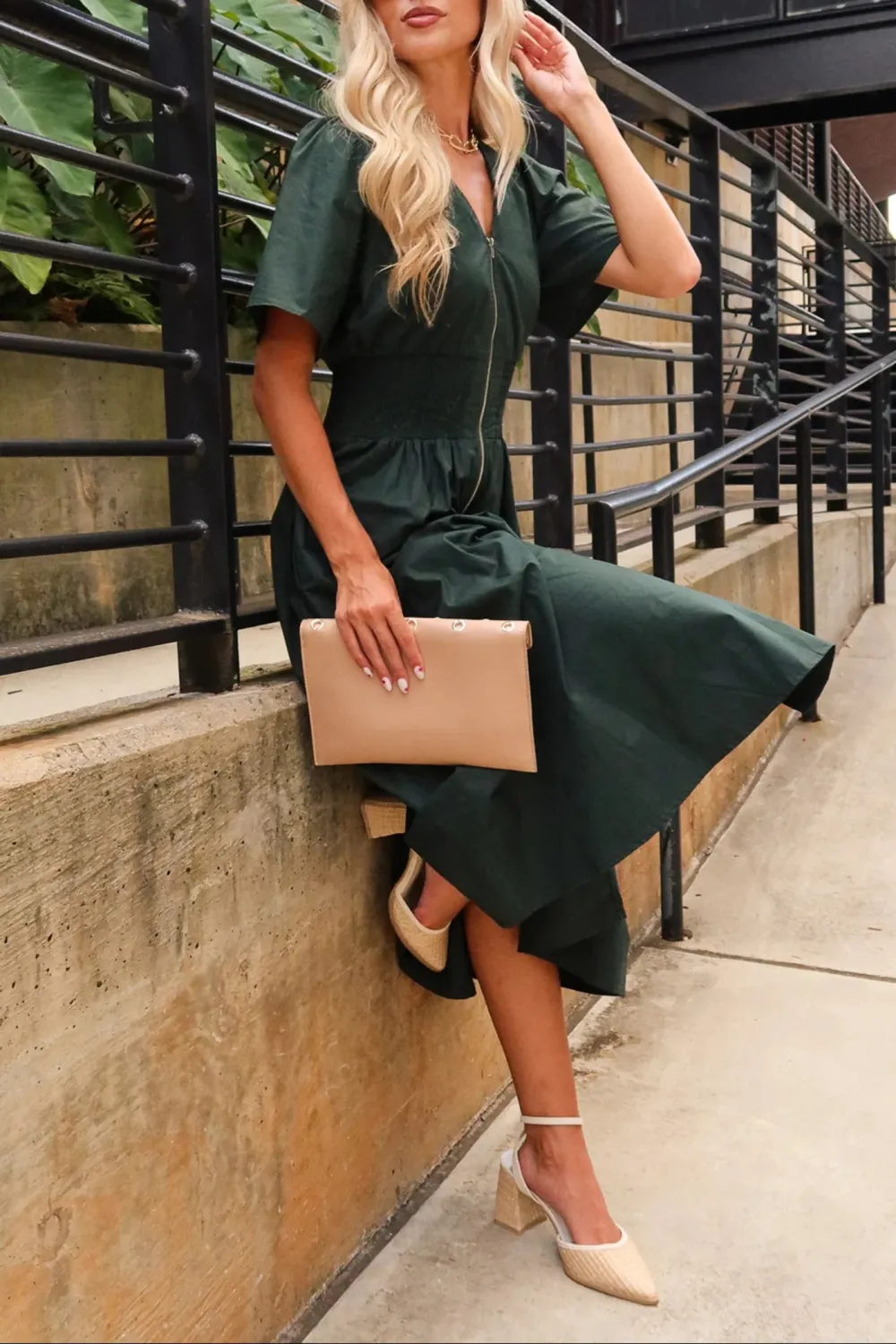 V-Neck Short Sleeve Midi Dress