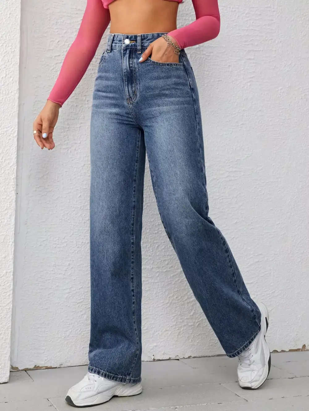 High-Waisted Wide-Leg Washed Jeans