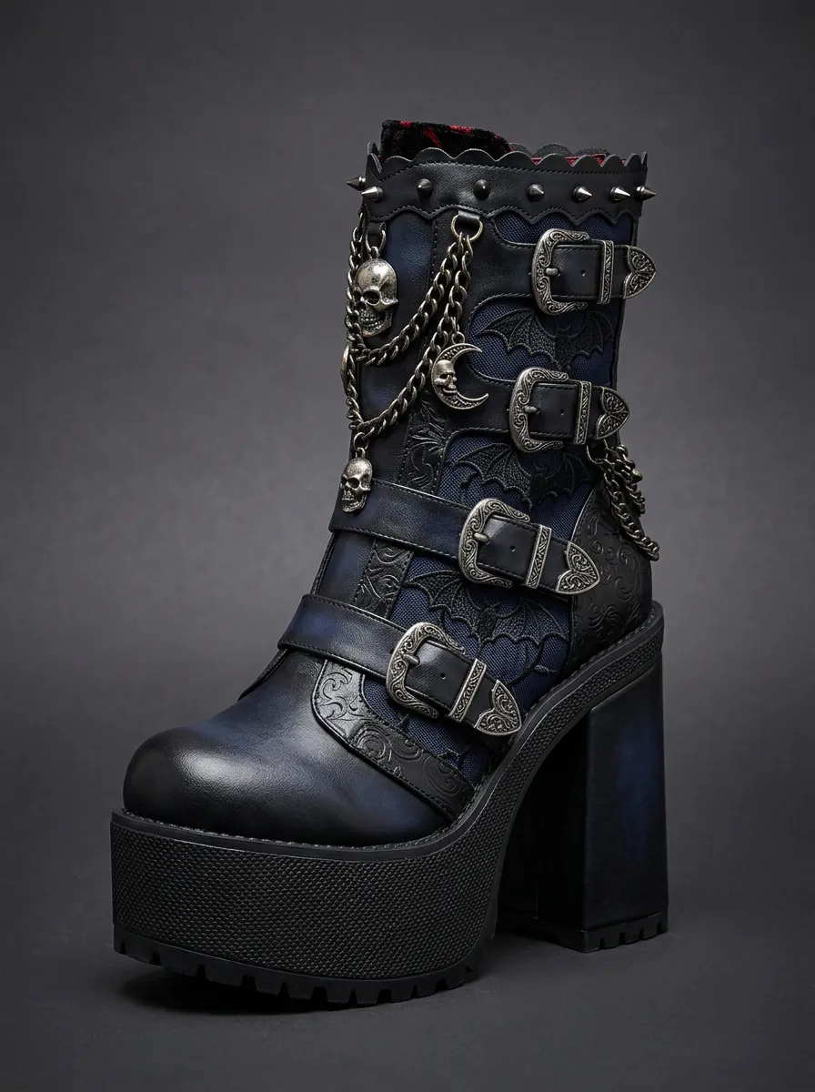 Dark Skull Bat Moon Statement Women's Gothic Platform Boots