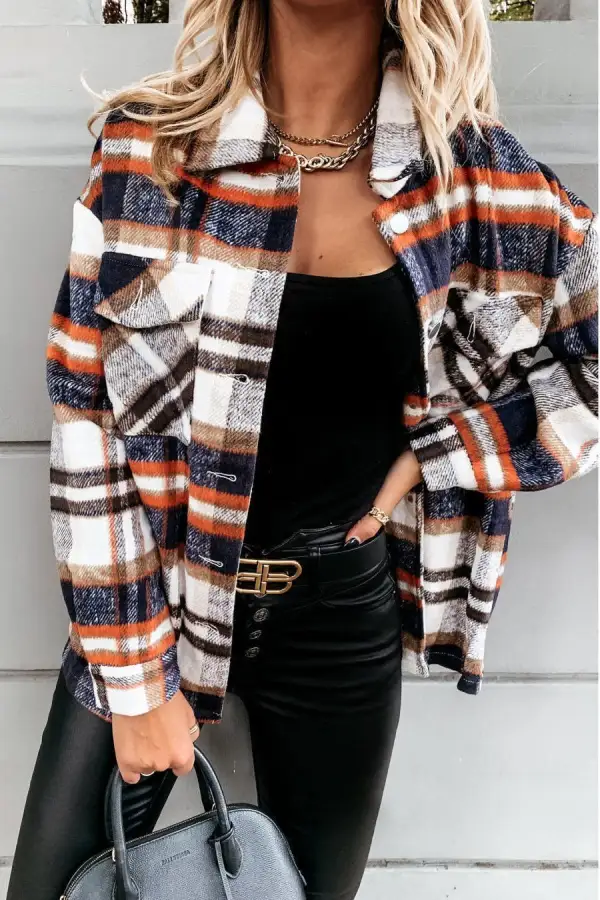 Casual Lapel  Button Plaid Pocket Coat