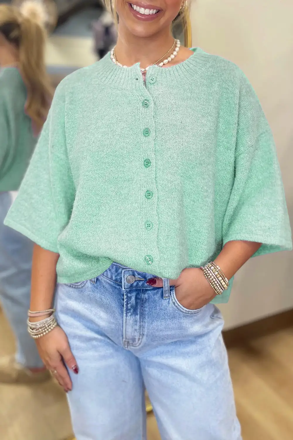 Three Quarter Sleeve Boxy Knit Button Front Everyday Layer Cardigan