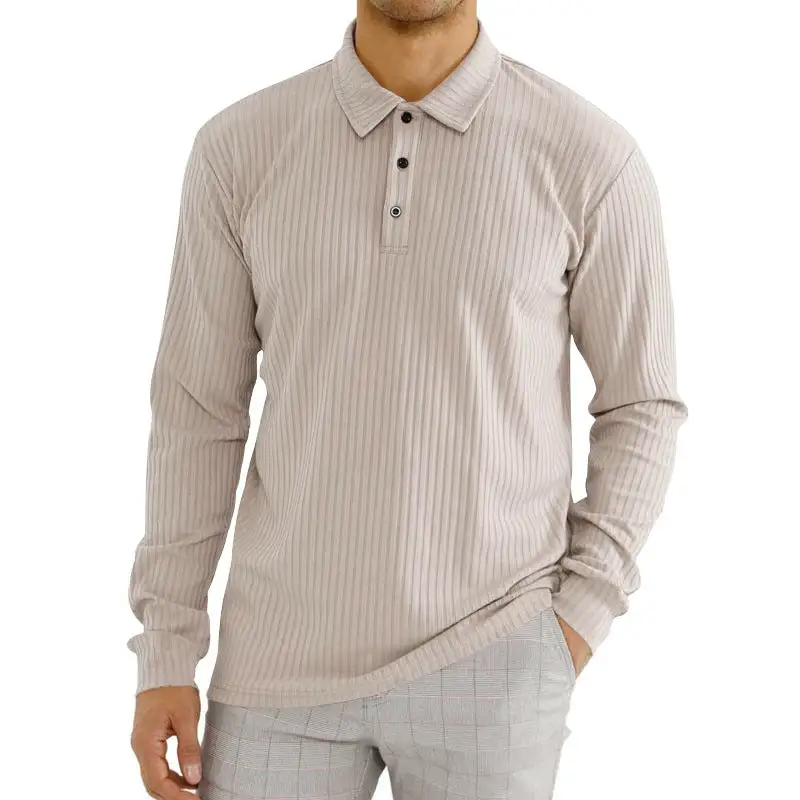 Ribbed Elastic Hem Long Sleeve Polo Shirt