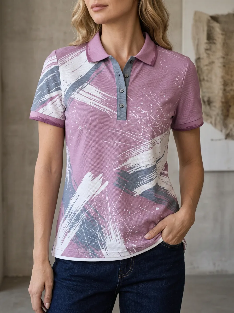 Women's Relaxed Abstract Brushstroke Paint Splatter Polo Shirt