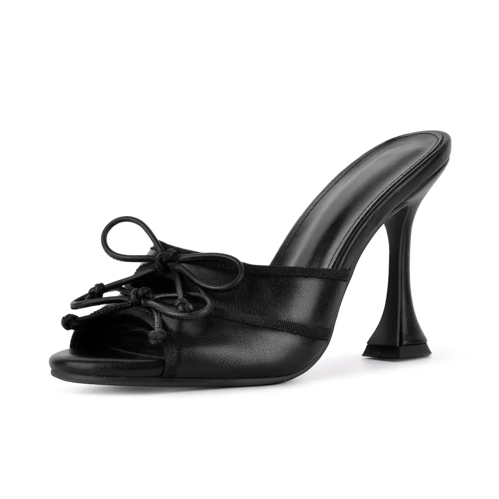 Round Toe Double Bow Tapered Heel Mule Sandals