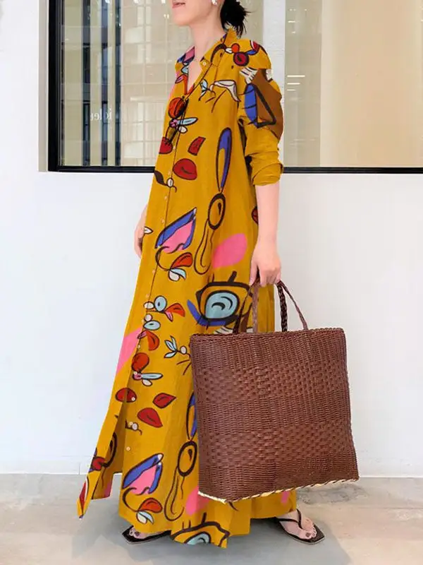 Sleeves Printed Buttoned Long Shirt Maxi Dress