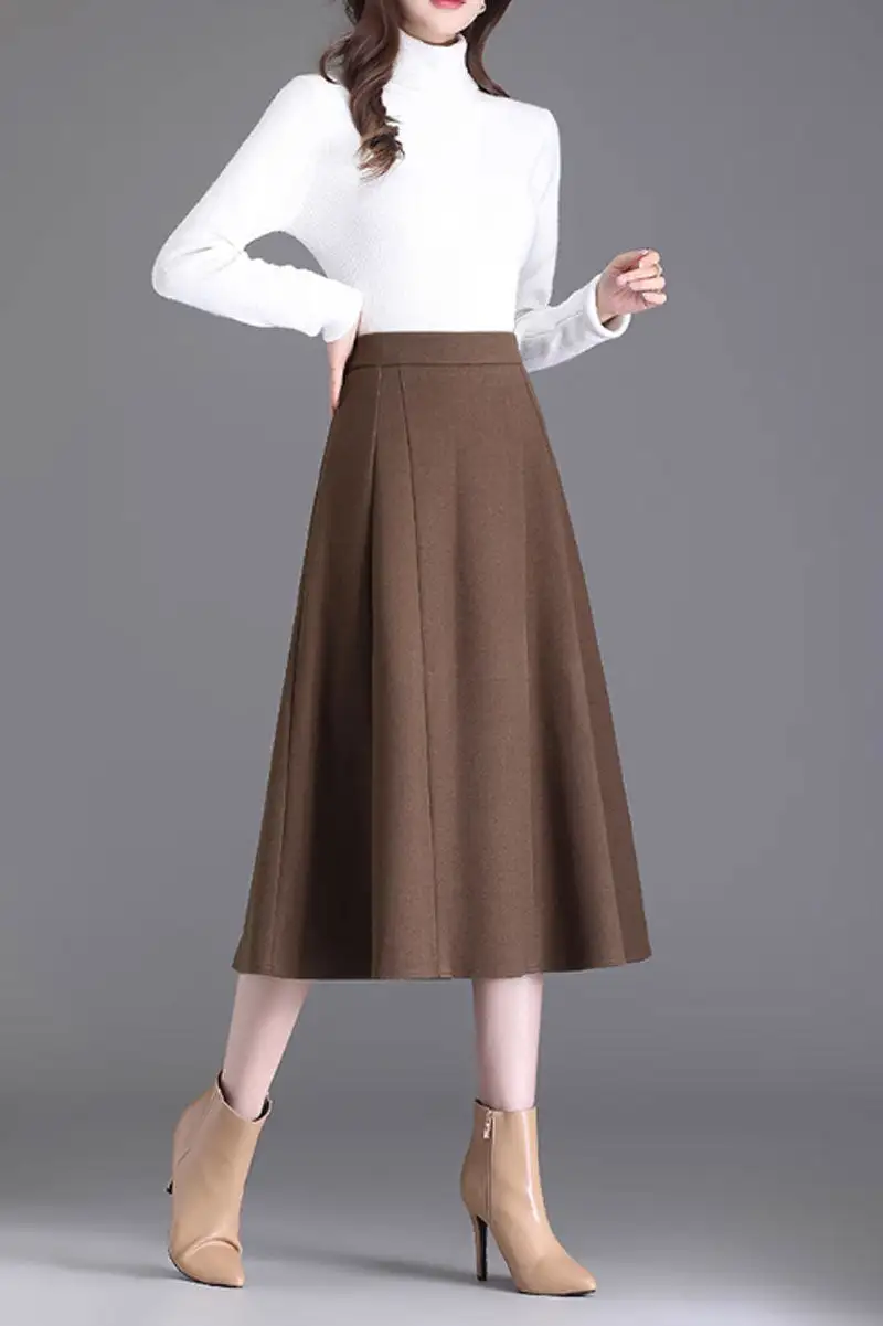 Elevated Wool Blend A Line Elastic Waist Midi Skirt