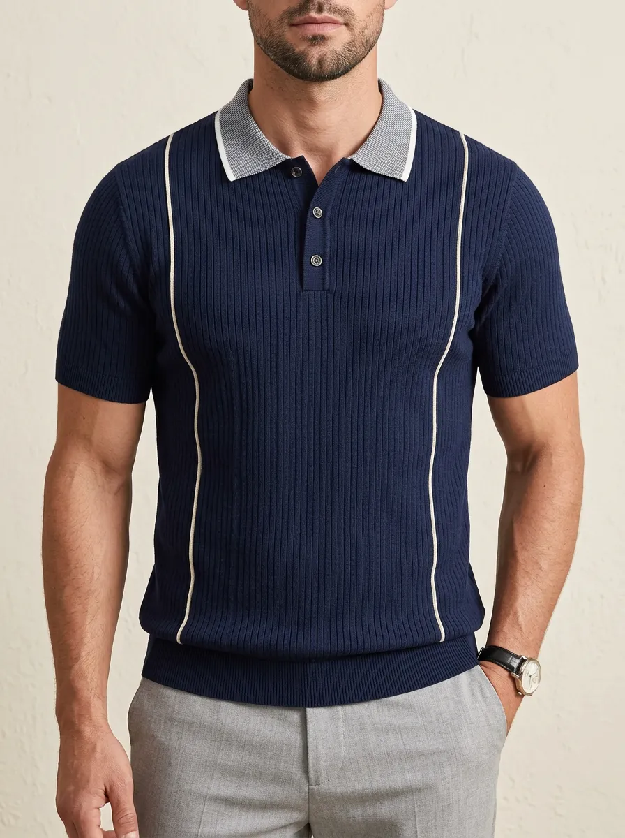 Men's Vintage Style Navy Ribbed Contrast Trim Polo Shirt