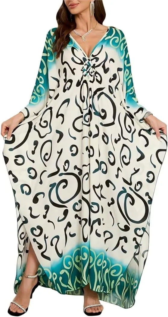 IMAGEKOPE Kaftan Dresses for Women Plus Size V-Neck Moo Moos Batwing Kaftan Beach Dress Bathing Suit Cover-Up Loungewear