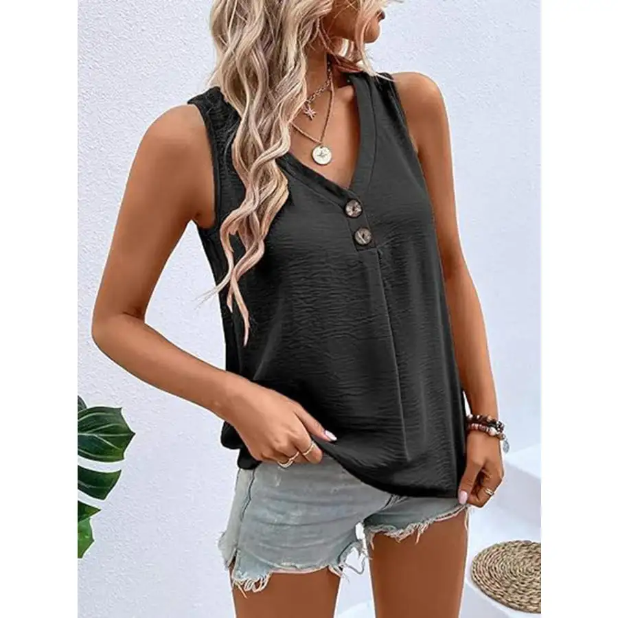 Full Size Decorative Button V Neck Tank