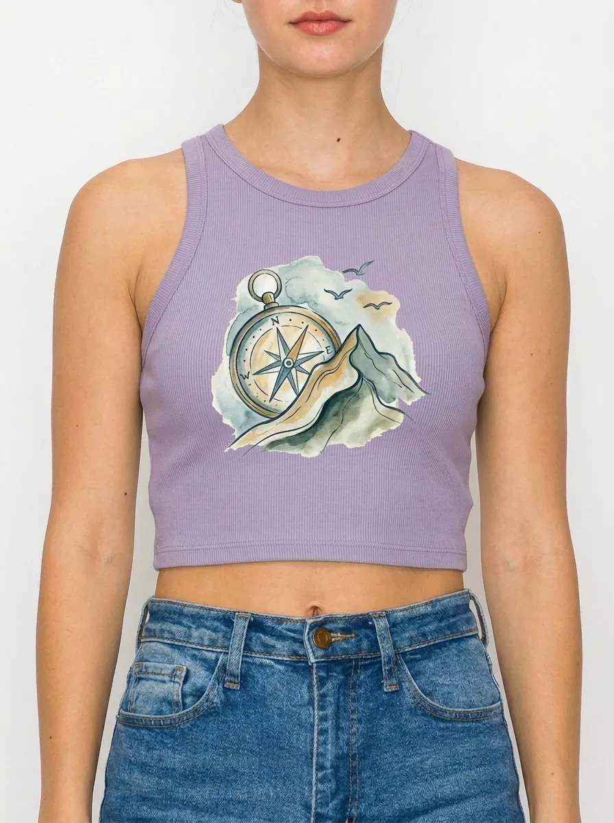 Women's Adventure Travel Compass Mountain Printed Crop Top