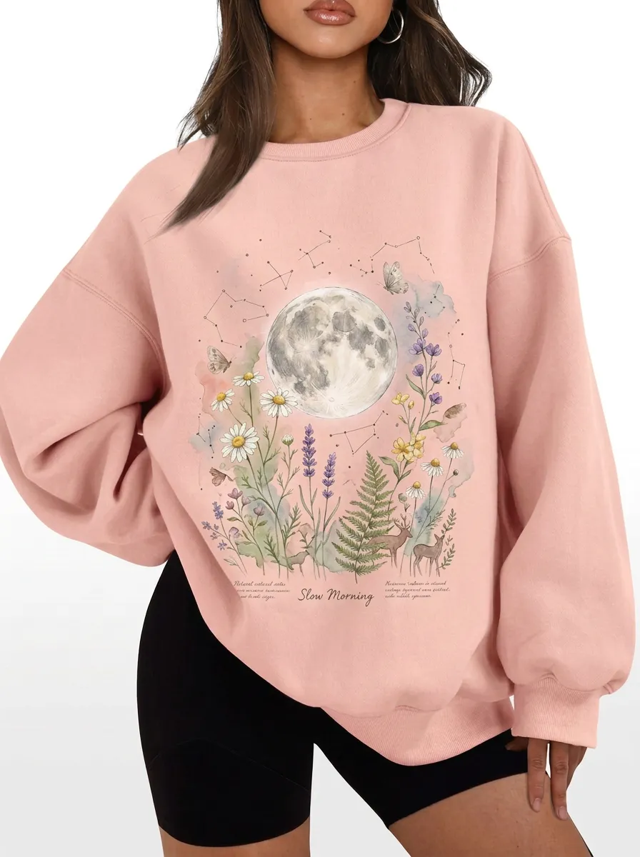Women's Celestial Moon Floral Deer Graphic Sweatshirt