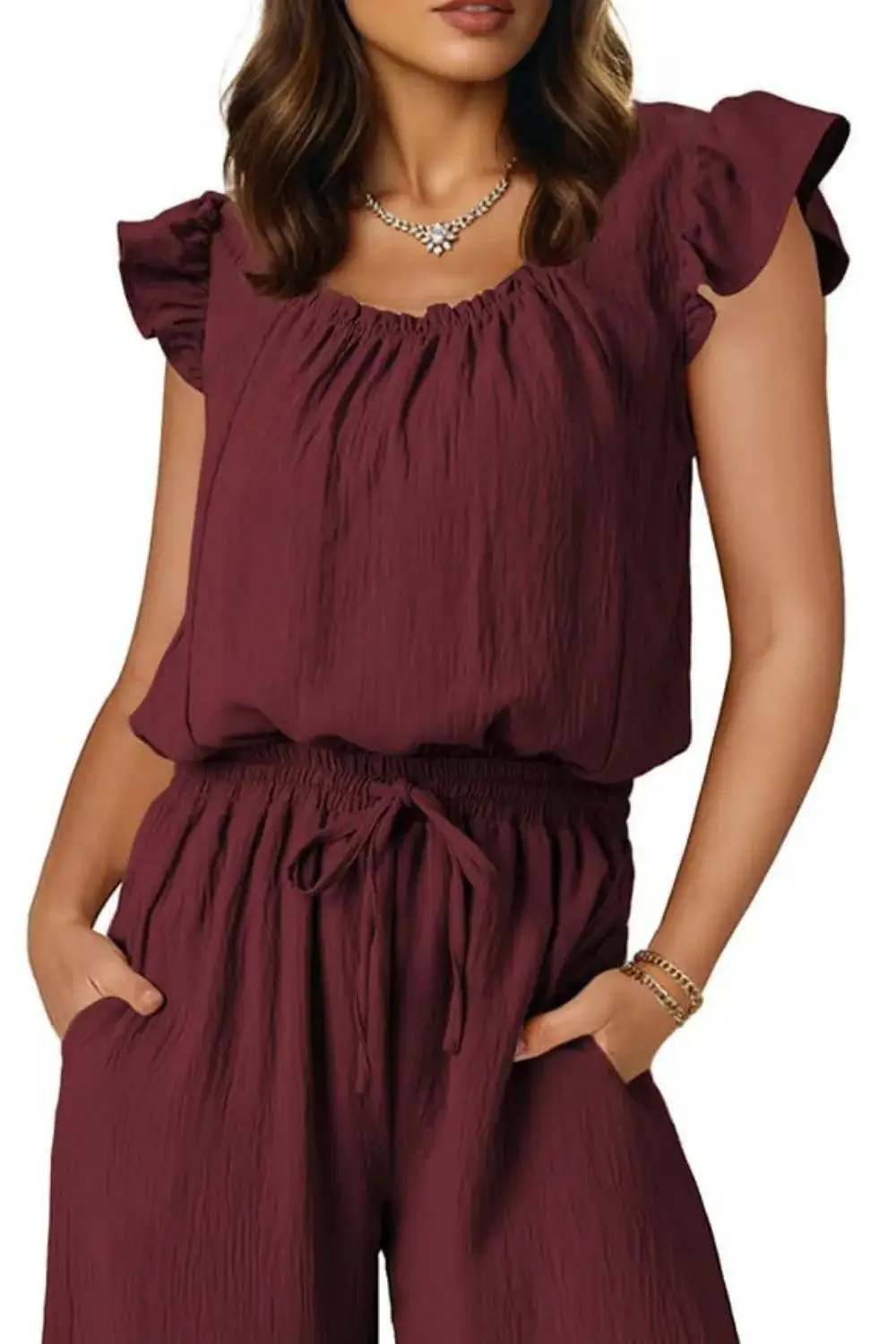 Ruffled Cap Sleeve Wide Leg Jumpsuit Accessory