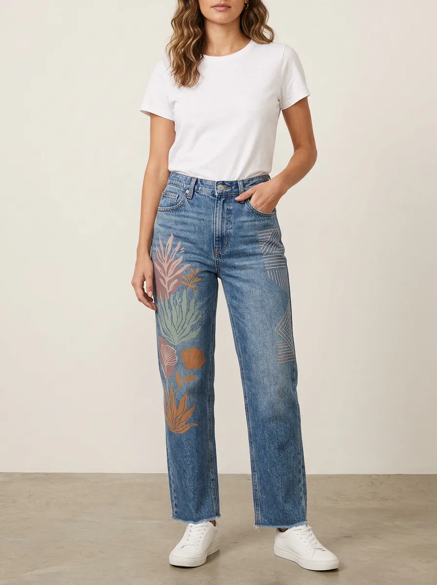 Women's Botanical Geometric Art Printed Straight Leg Jeans