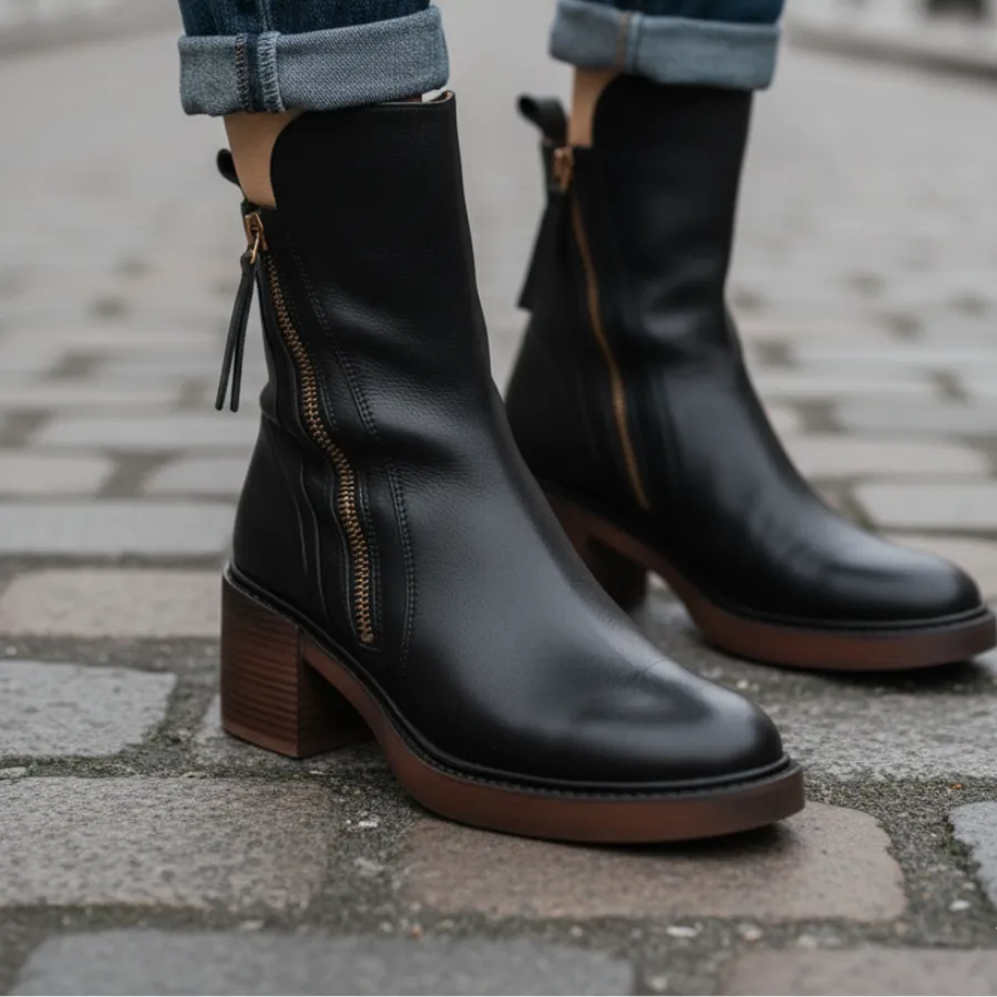 Leather Ankle Boots Side Zip Block Heel