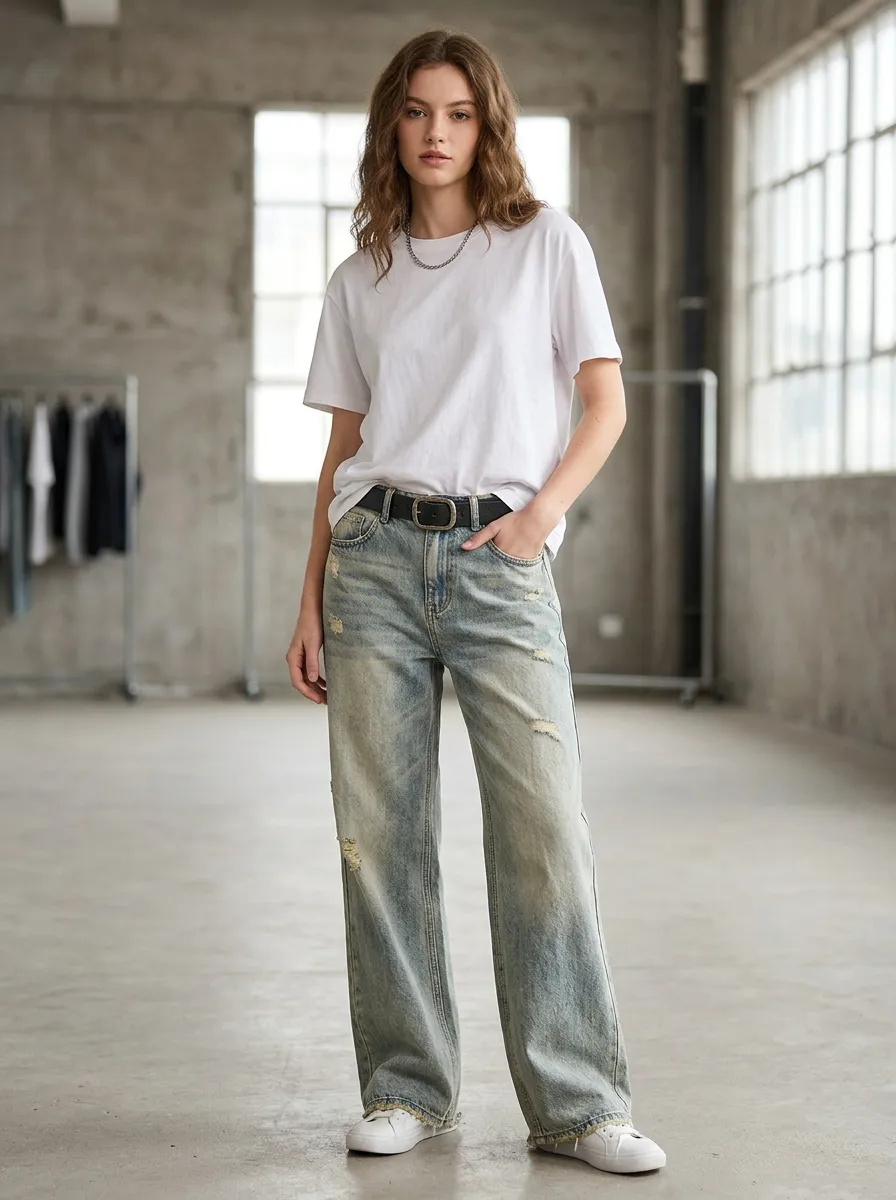 Women's Relaxed Vintage Distressed Wide Leg Denim Baggy Jeans