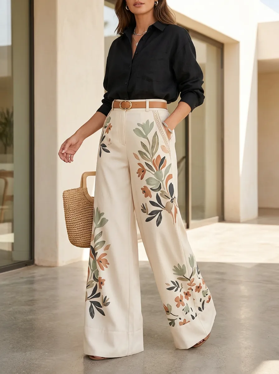 Women's Cream Floral Print Charcoal High-Waisted Wide-Leg Trousers