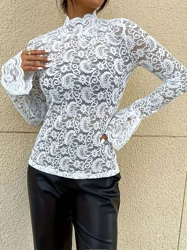 Sheer Panel Detail Mock Neck Flared Sleeve Long Sleeve T-Shirt