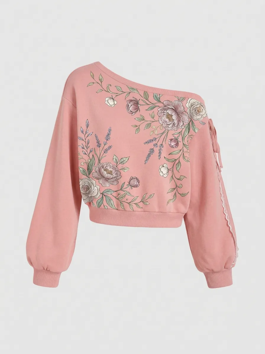 Women's Floral Botanical Art Printed One-Shoulder Sweatshirt