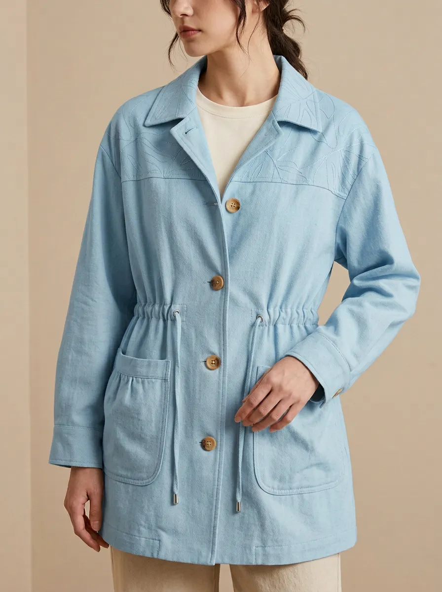 Botanical Leaf Embroidery Drawstring Waist Printed Jacket