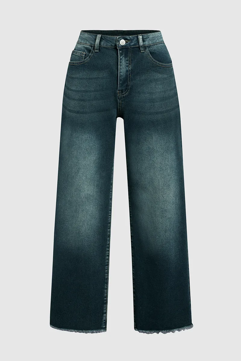 Tall Washed Raw Hem Mid Waist Wide Leg Jeans