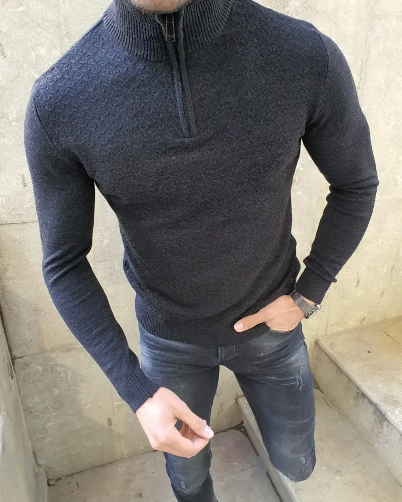Slim Fit Zip Detail Cotton Turtleneck Sweater