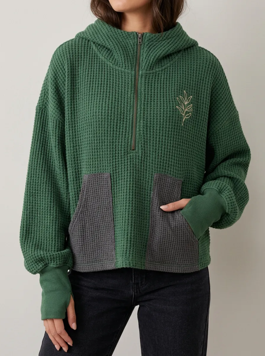 Women's Leaf Minimalist Printed Waffle Knit Quarter Zip Hoodie