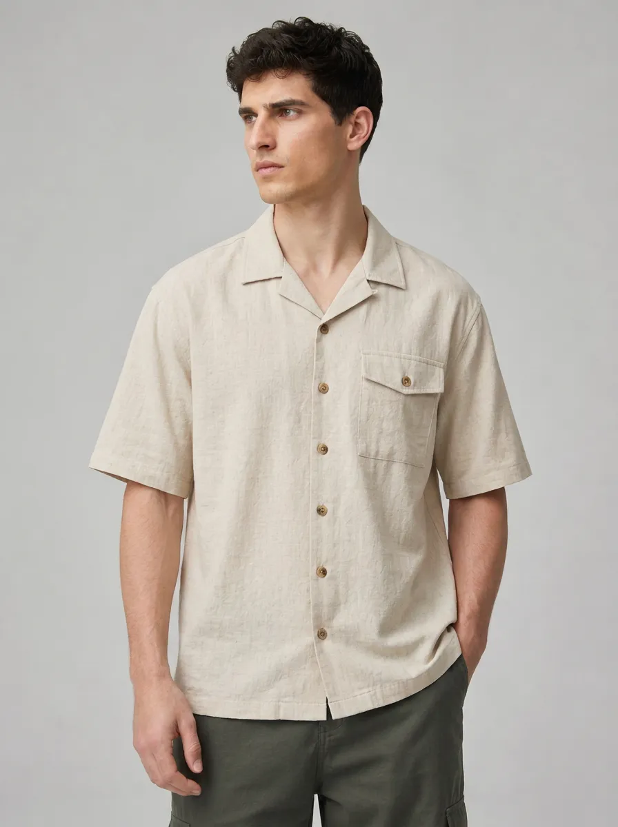 Men's Beige Camp Collar Short Sleeve Shirt