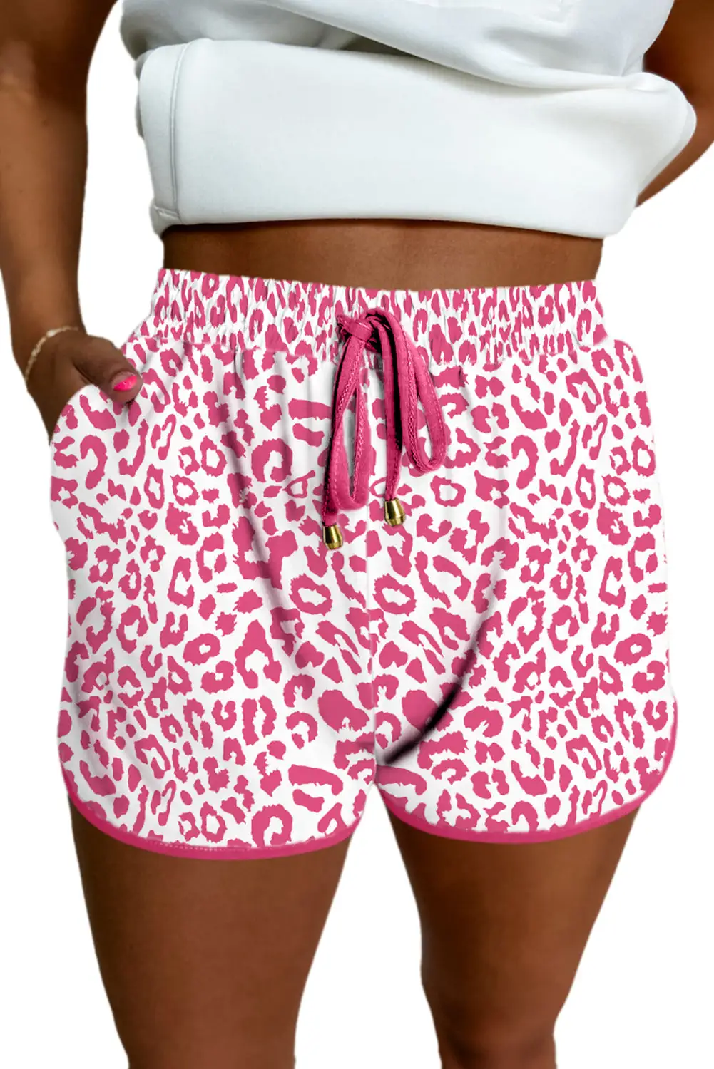 Leopard Elastic Waist Lace Up Contrast Trim Casual Shorts