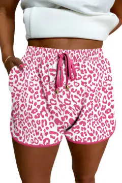 Leopard Elastic Waist Lace Up Contrast Trim Casual Shorts