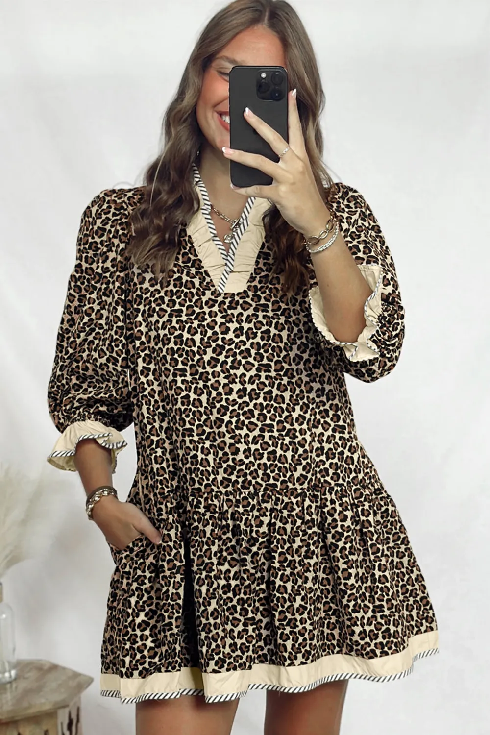 Black Leopard Trim Mini Dress