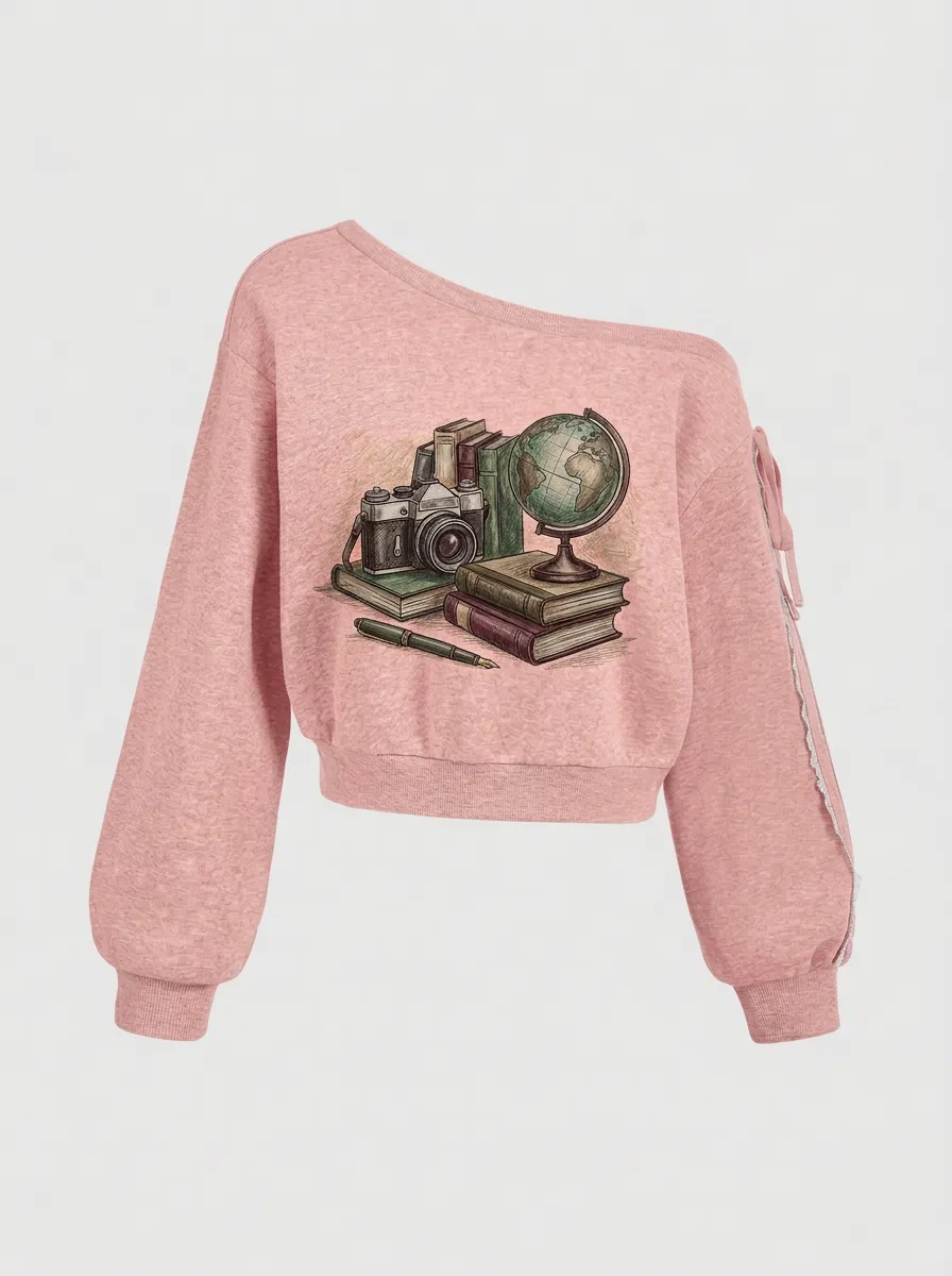 Women's Travel Scholar Globe Camera Books Graphic Sweatshirt