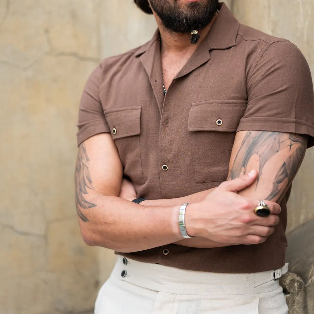 Modern Short Sleeve Open Collar Slim Fit Textured Casual Shirt