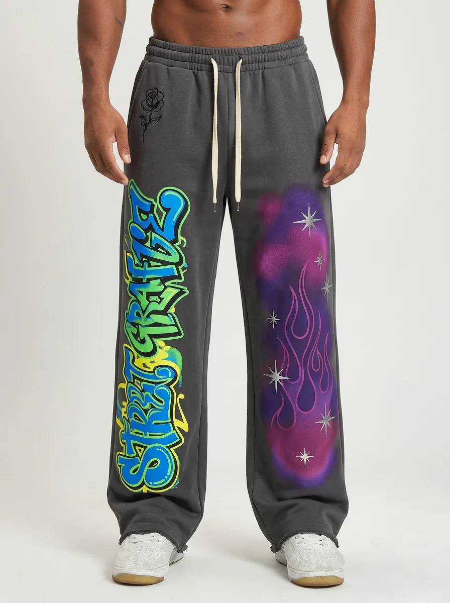 Men's Streetwear Graffiti Flame Star Rose Printed Sweatpants