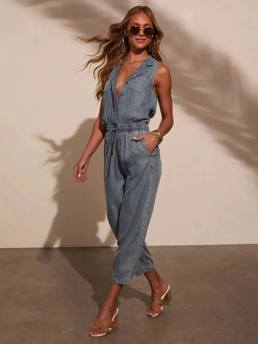 Sleeveless Drawstring Waist Washed Jumpsuit Denim Pants
