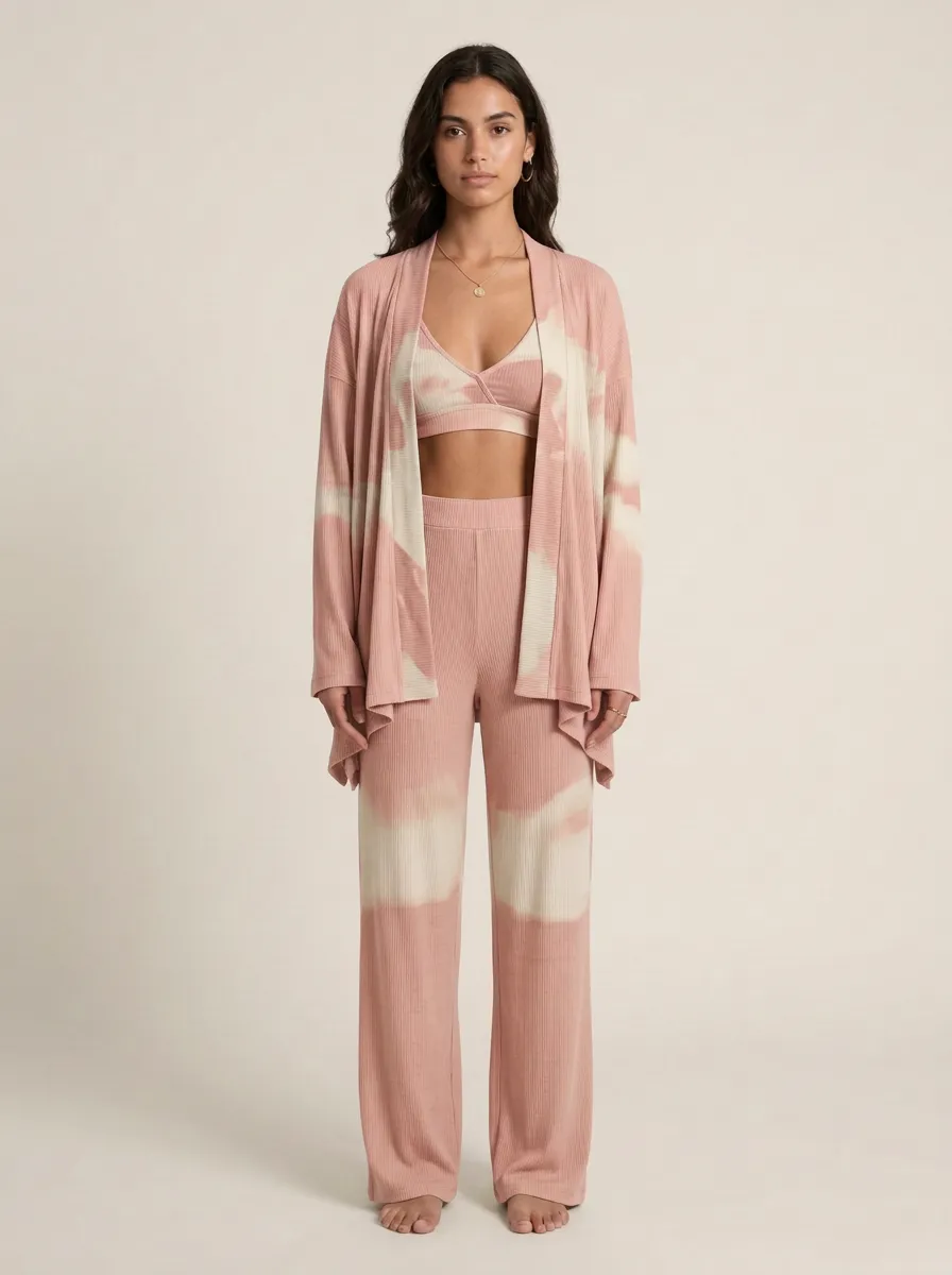 Tie Dye Ribbed Wide Leg Cardigan Lounge Set