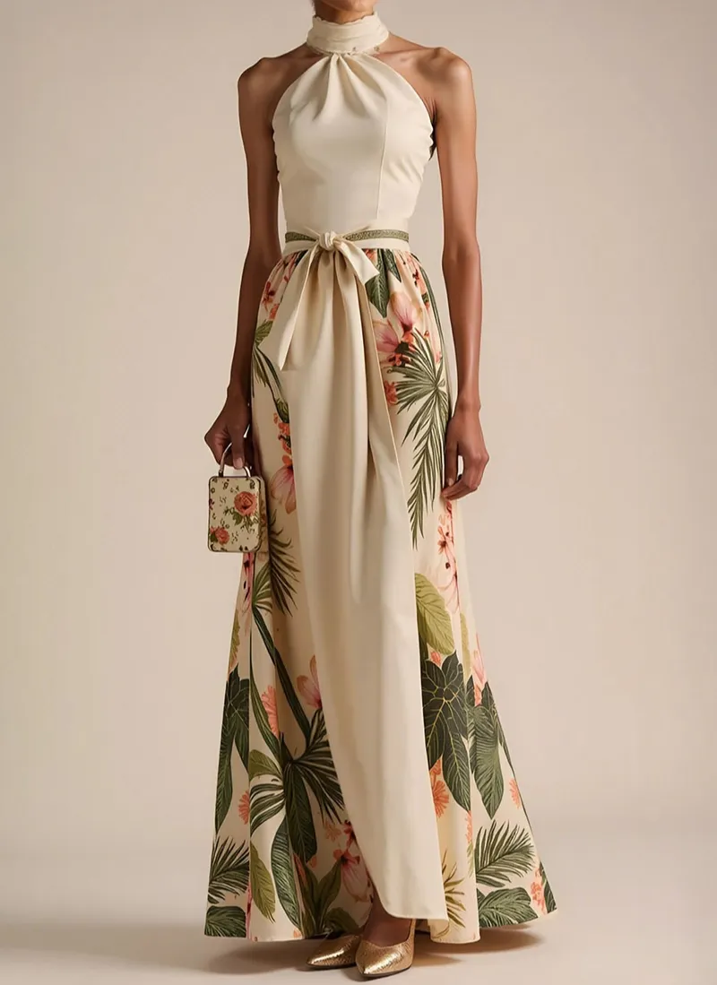 Halter Neck Floral Satin Maxi Dress