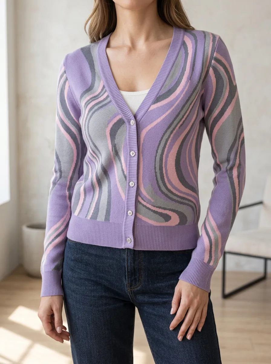 Women's Retro Aesthetic Purple Wavy Pattern Printed Cardigan