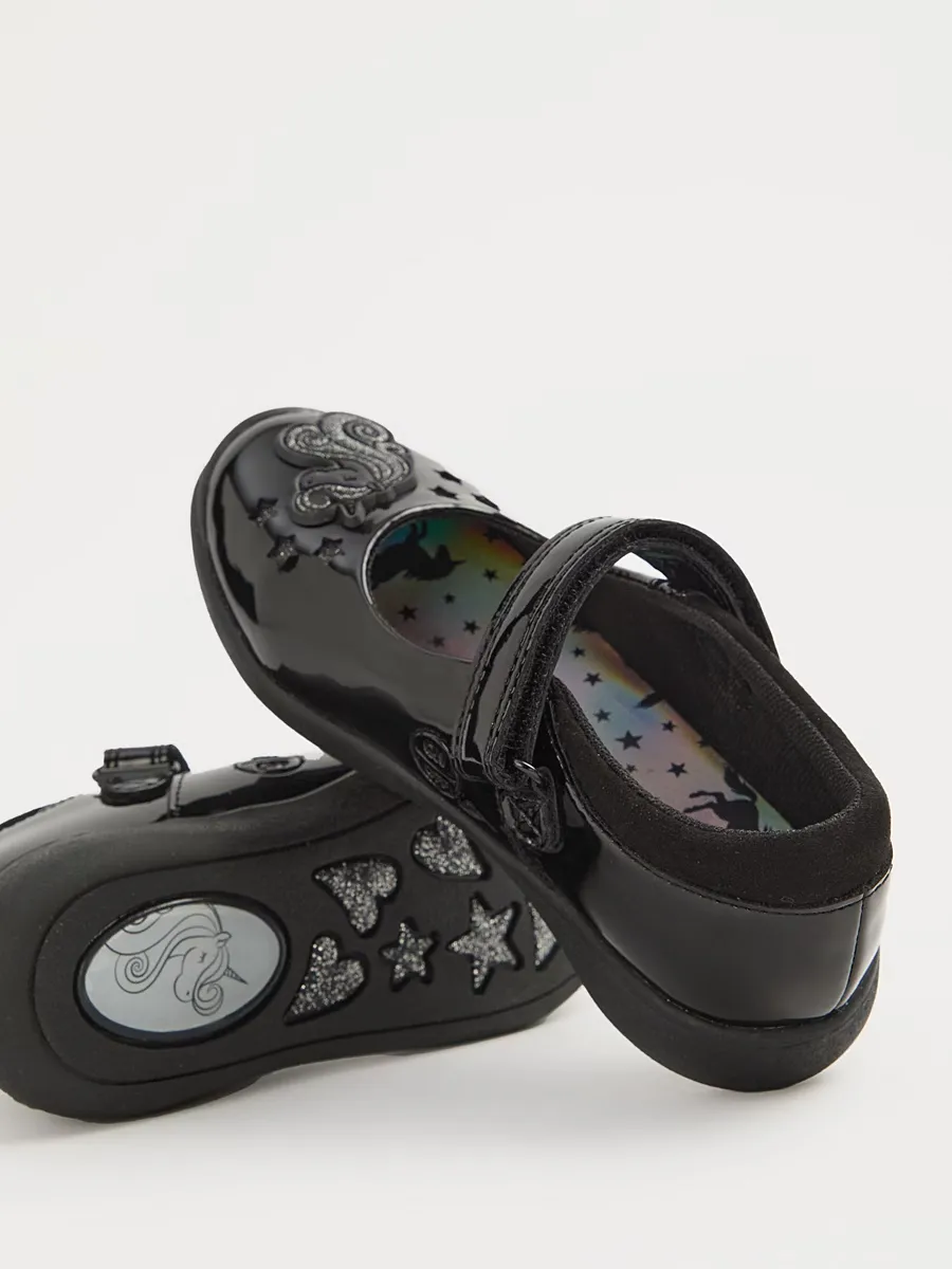 Black Unicorn Light Up Patent Mary Jane School Shoes