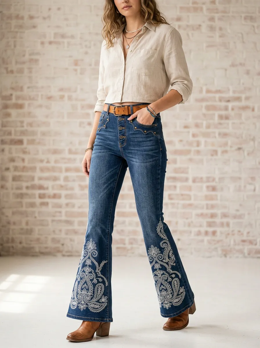 Women's Western Style Paisley Embroidered Printed Flare Jeans