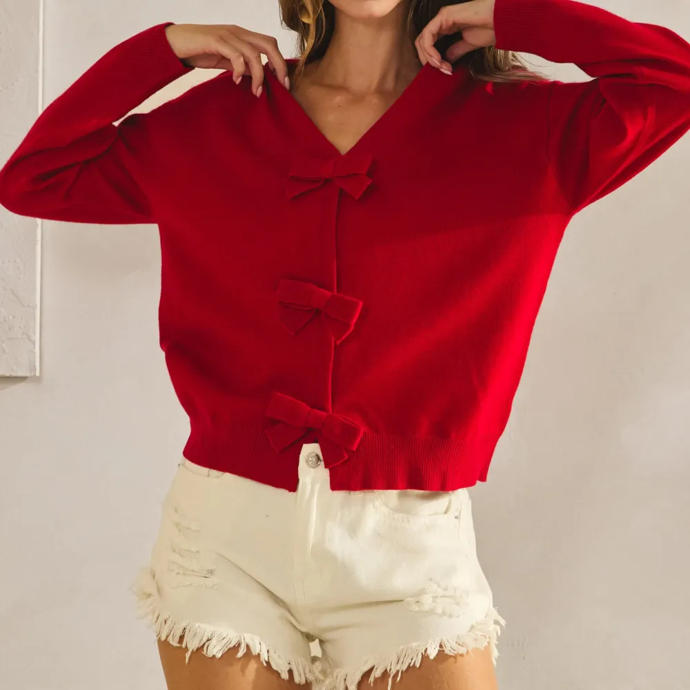 Refined Ribbed Button Front Bow Front Cardigan
