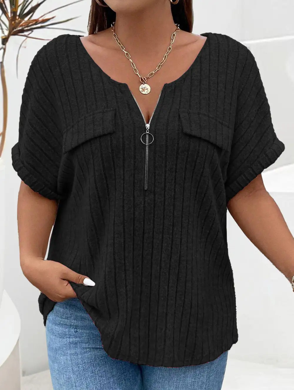 Ribbed V-Neck Knit Top