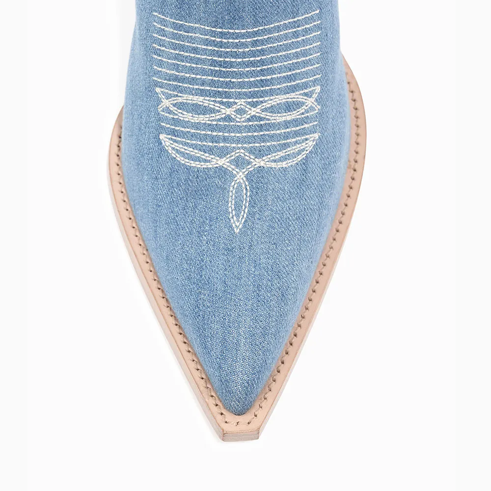 Classic Denim Embroidered Pointed-Toe Stiletto-Heel Western Boots