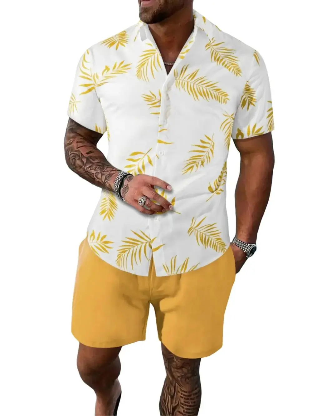 Men's Leaf Print Hawaiian Shirt & Drawstring Waist Short Set