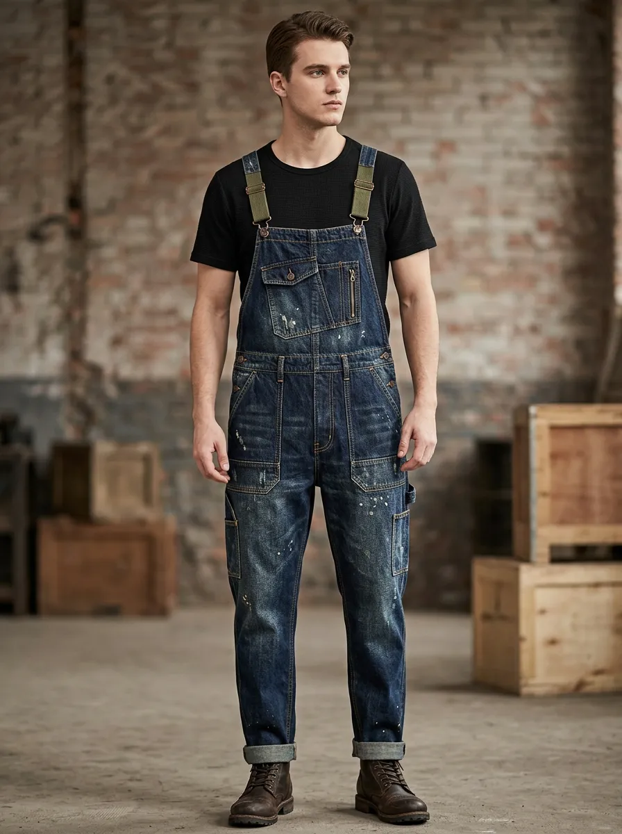 Men's Vintage Workwear Distressed Denim Printed Overalls