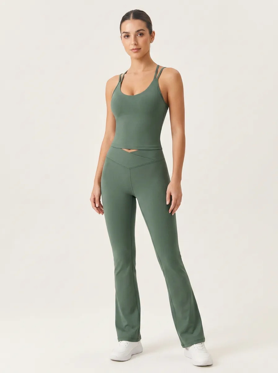 Women's Yoga Fitness Olive Green V-Waist Flare Leggings Tank Set